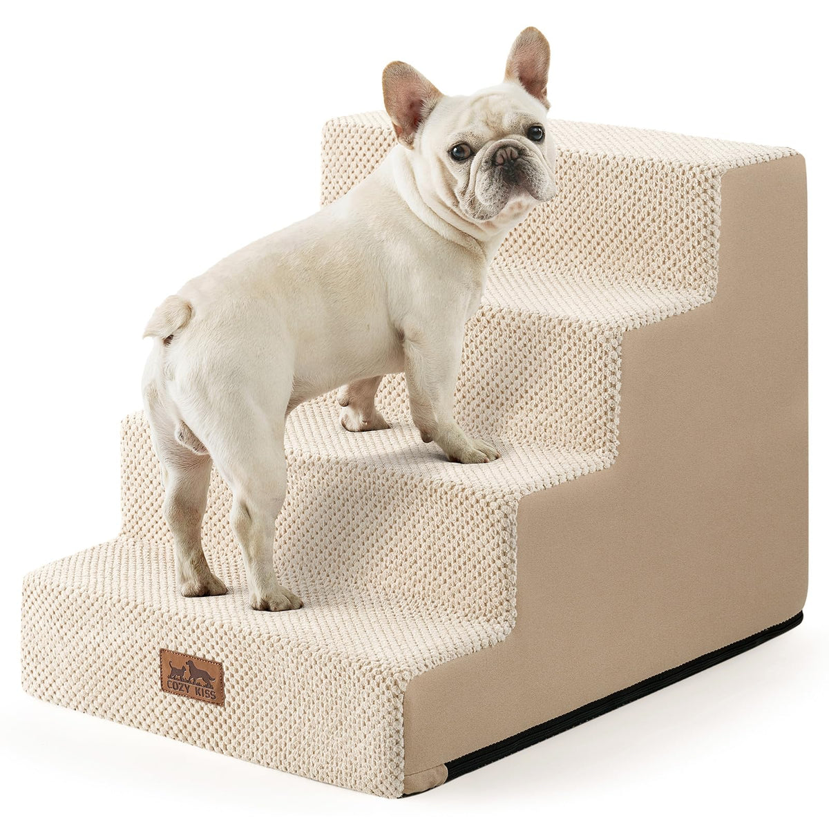 COZY KISS Dog Stairs for Small Dogs, 5 Tier Wider Pet Stairs for High Beds, 23.6" H Non-Slip Dog Steps for Old Cats, Puppies, Small Medium Dogs, 19.7x29.5x23.6 inch, Beige