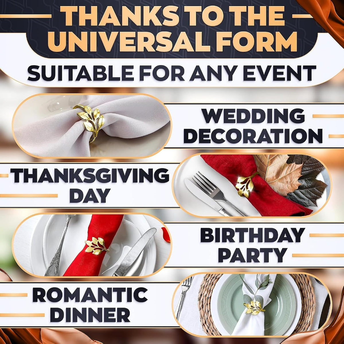 Thanksgiving Napkin Rings Set of 12 Gold Leaf, Christmas Napkin Rings