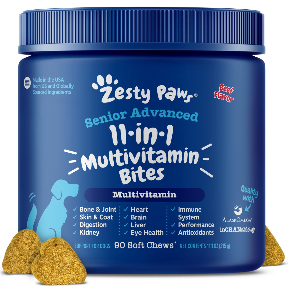 Zesty Paws Dog Multivitamin, Chewable Dog Vitamins and Supplements for Hip & Joints, Skin & Coat, Omega 3 Fish Oil for Dogs- Senior & Puppy Multivitamin- Chicken- 90ct