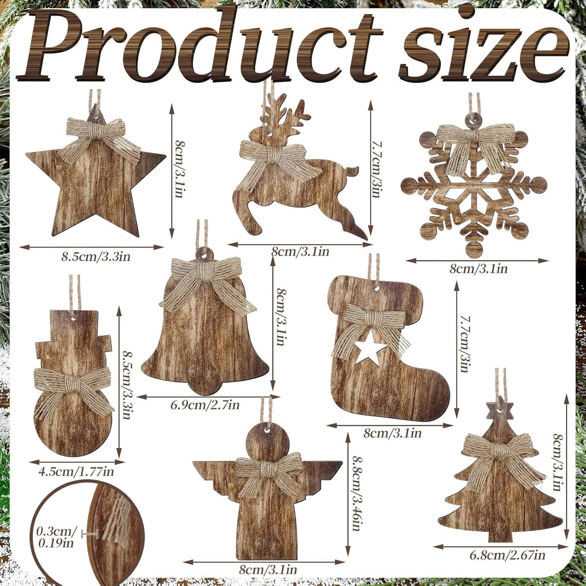 8 Pcs Rustic Christmas Tree Ornaments, Farmhouse Wooden Christmas Ornament