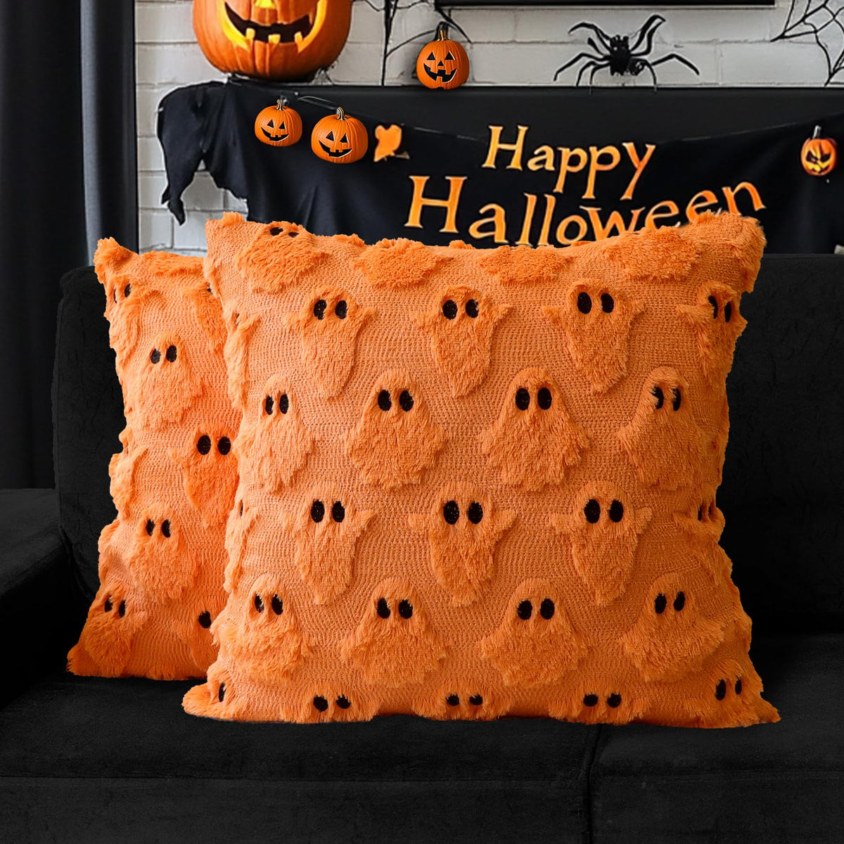 Halloween Ghost Decorative Pillow Covers 18x18 Set of 2, Beige Soft Plush Faux Fur Farmhouse Throw Cushion Cases for Fall Holiday Home Decorations
