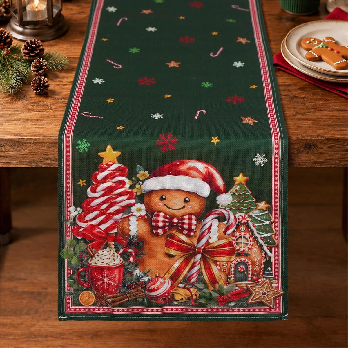 Christmas Table Runner 13 x 72 Inch Green Gingerbread Candy Cane Table Runners for Xmas Dinning Table Decorations