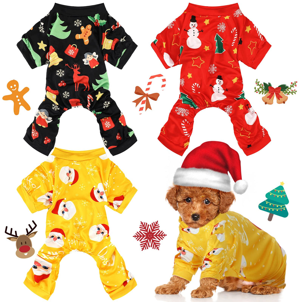 Frienda 3 Pcs Christmas Dog Pajamas,Snowman Pattern,L (fit 7.7-9.9lbs)