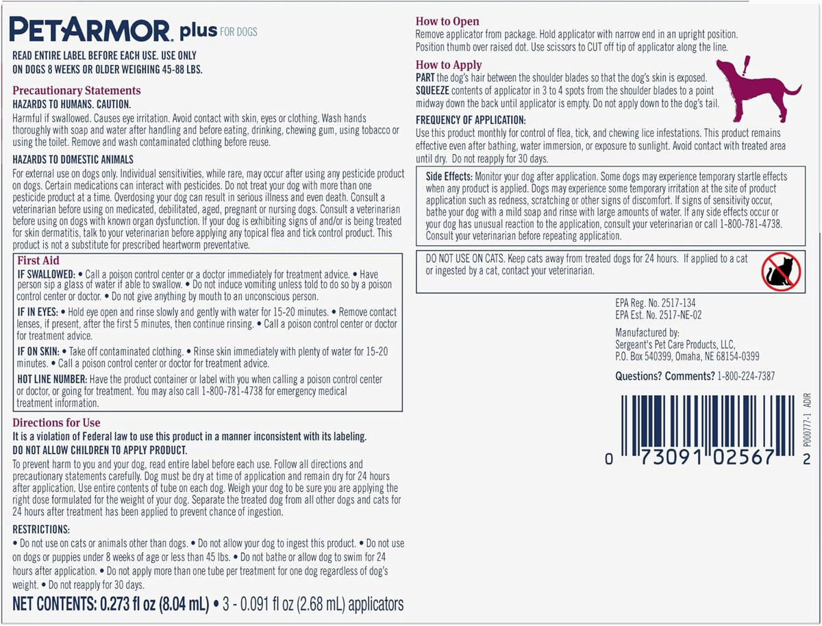 PetArmor Plus Flea & Tick Topical Dogs 45-88 lbs, 6-Month | Ideal for Large Dogs 45-88 lbs; Kills Fleas, Eggs, Larvae, Ticks & Lice; 6-month supply; Waterproof Nose-to-Tail