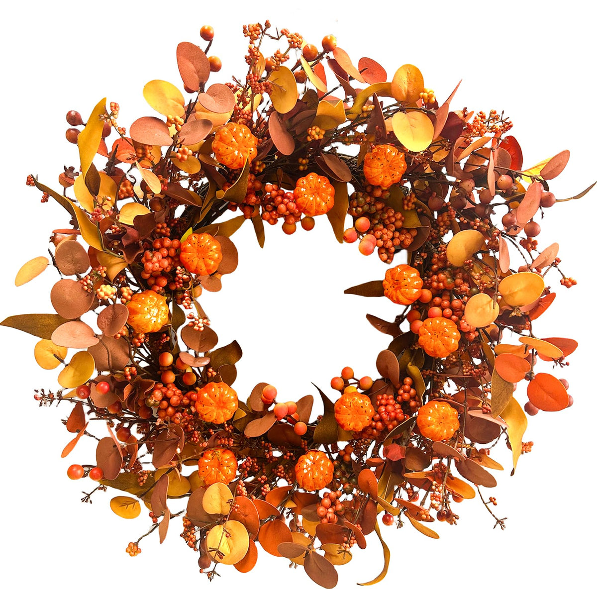 Fall Wreath 22 Inch Fall Wreaths for Front Door Autumn Pumpkin Wreaths with Orange Eucalyptus Leaves and Berries for Indoor Outdoor Thanksgiving Harvest Festival Celebrations