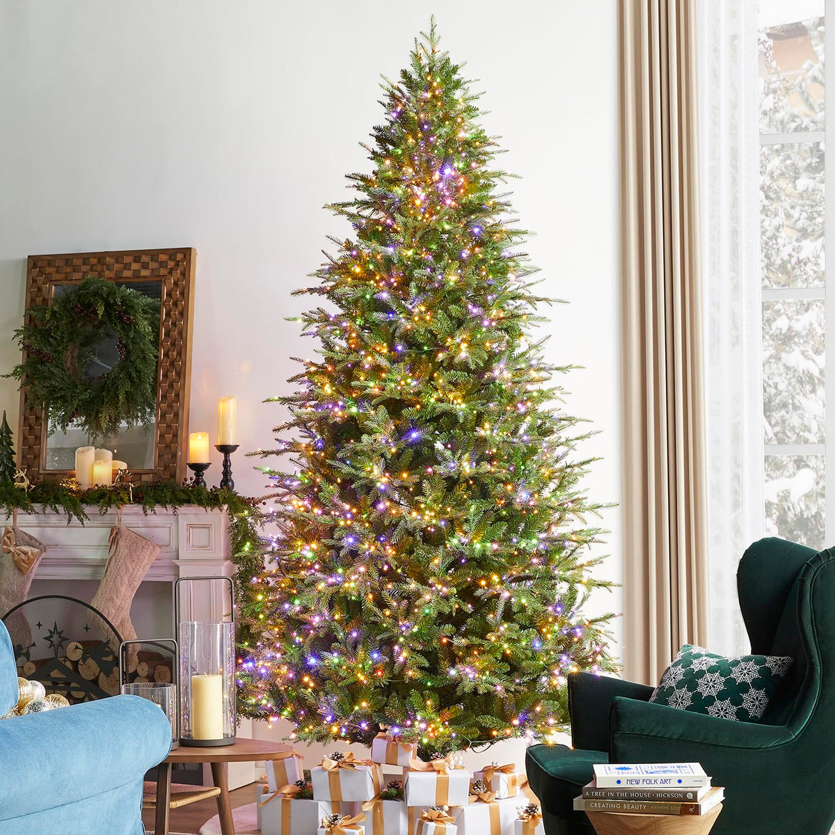 Glitzhome 15ft Prelit Artificial Christmas Tree, Vibrant Evergreen Fir with 5,000 Warm White/Multi-Color Chasing and Twinkling Lights, 13,459 PE&PVC Branch Tips, 9 Function w/Foot Pedal, Simple Setup