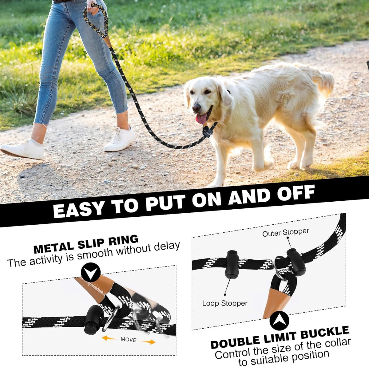 lynxking Slip Lead Dog Leash Reflective, Heavy Duty Comfortable Strong Rope for Large Medium Small Dogs No Pull Pet Training (Black, Large 1/2in x 6ft-Slip Lead)