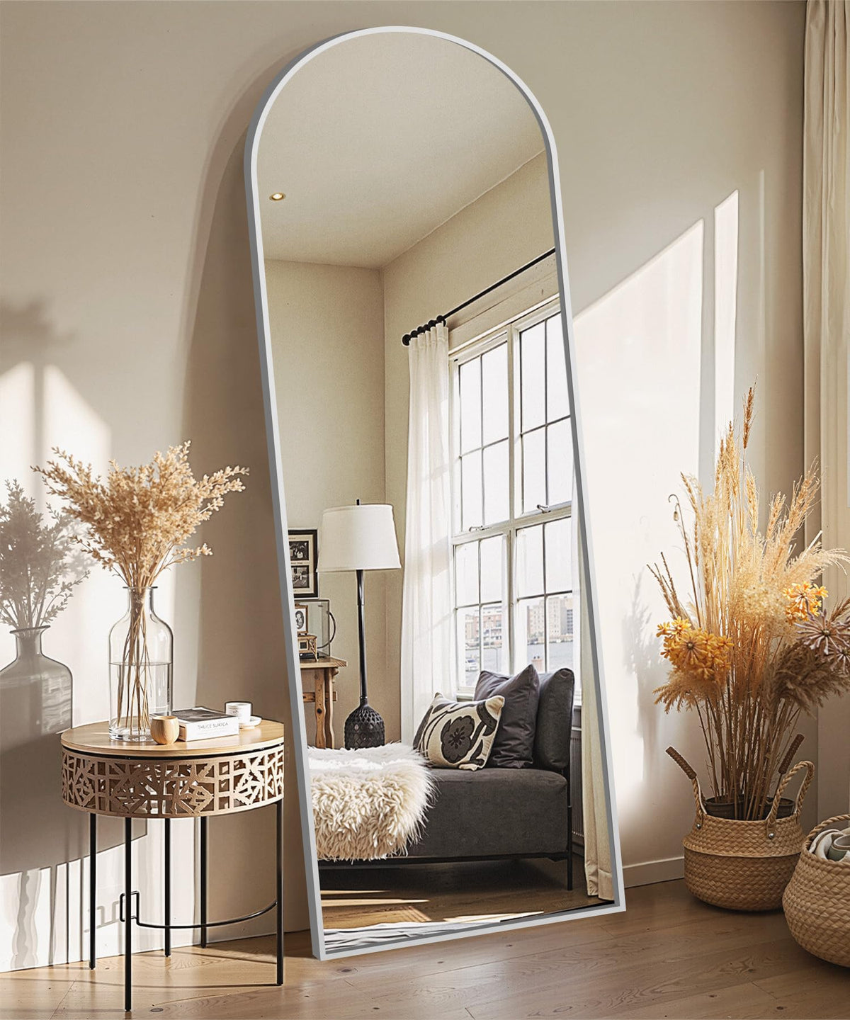 Arched Full Length Mirror with Stand, Black Floor Mirror | Aluminium alloy frame with HD float glass for distortion-free reflection. Free standing or wall mounted.