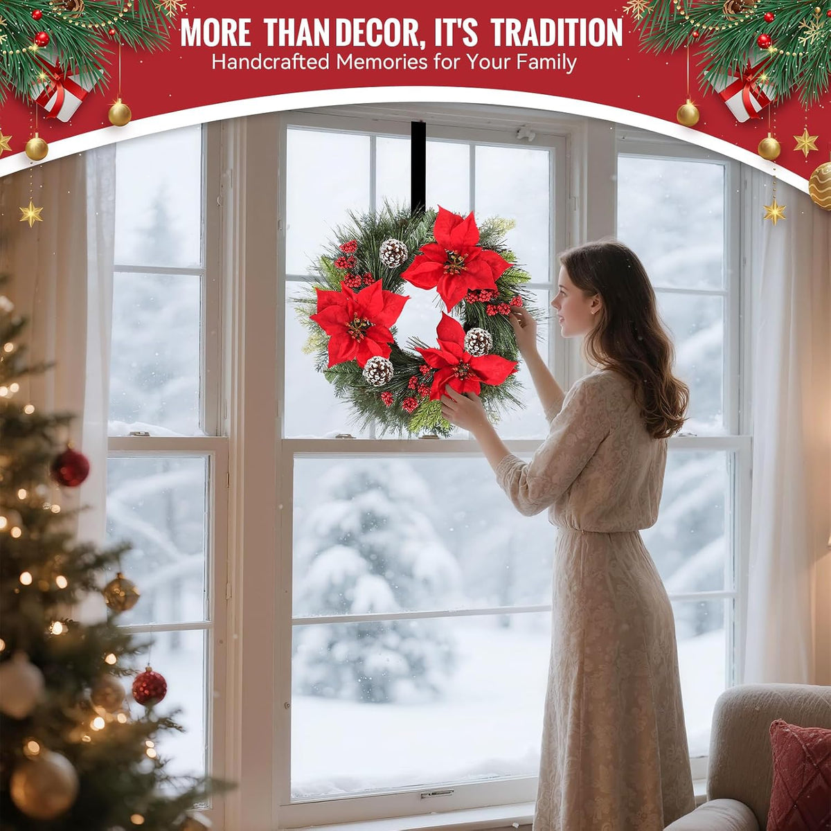 24 Inch Christmas Wreath for Front Door Outdoor with Hangers