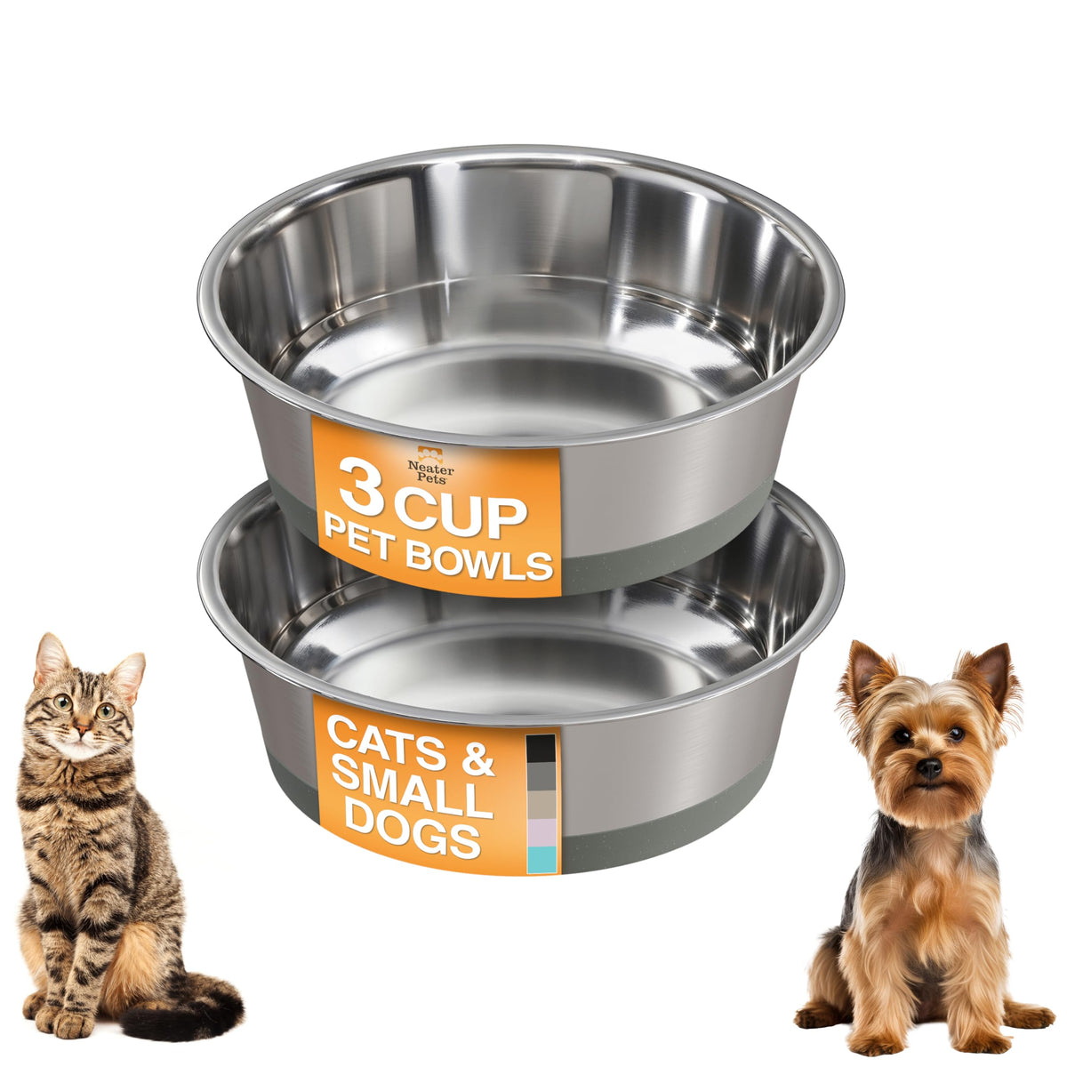 Neater Pet Brands Stainless Steel Dog Bowls with Non-Slip Rubber Bottom – Set of 2, 6 Cup (48 oz), Black - Heavy Duty Metal Dog Bowl, Dishwasher Safe, Food or Water Bowl, Ideal for Large Dogs