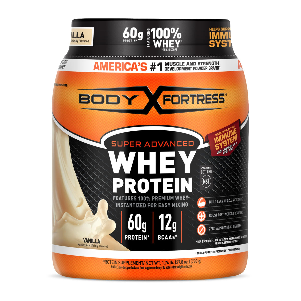 Body Fortress Super Advanced Whey Protein Powder, Gluten Free, Vanilla, Immune Support (1), Vitamins C & D Plus Zinc, 3.9 lbs.