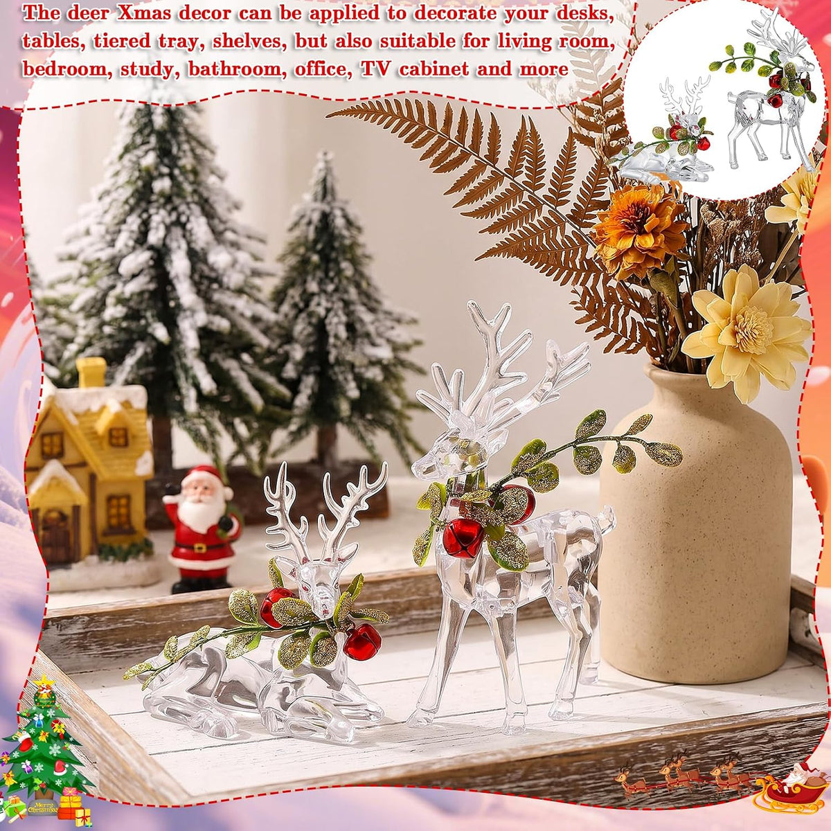 4 Pcs Christmas Reindeer Figurine Ornaments with Branch Wreath Transparent