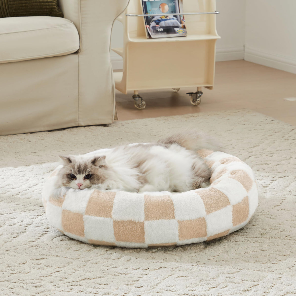 Ohocut Checkered Dog Bed, Cute Black White Retro Style Aesthetic Round Warming Pet Calming Beds for Small Dog and Cats, Plush Cozy Donut Dog Beds Washable, 30" L x 30" W x 8" Th
