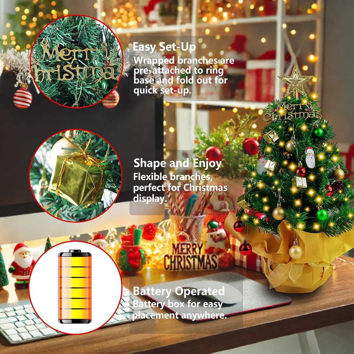 23 in Small Christmas Tree with Lights, Mini Tabletop Tree Desk Decor