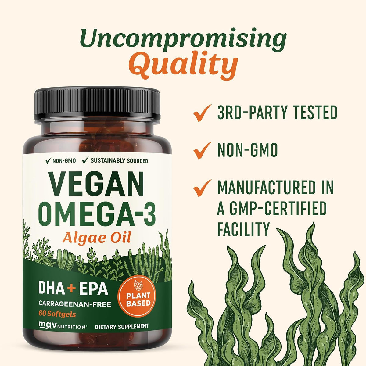 Vegan Omega 3 Algae Oil | Plant Based DHA EPA | Sustainably Sourced, No Carrageenan | Heart, Brain & Eye Health Support | Fish Oil Alternative | Omega 3 Fatty Acid Supplements | 60 Softgels