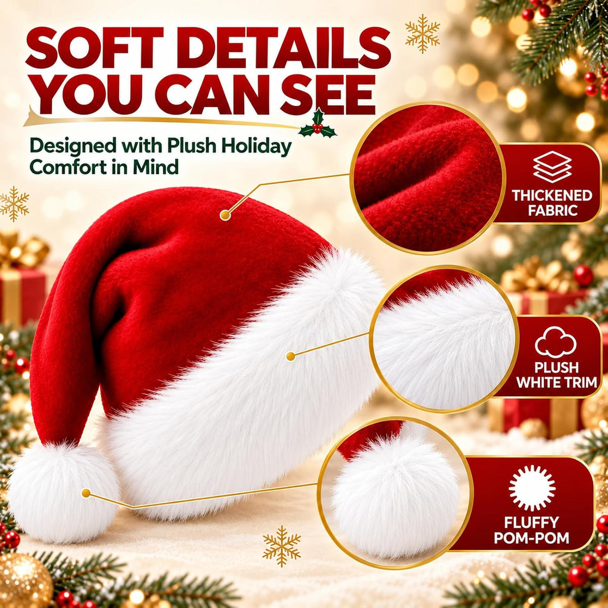 Christmas Santa Hat Hats for Adults Thicken Soft Comfort Adult Headwear Costume Headband Accessories Xmas Holiday Decorations New Year Party Favors Elf Hair Gorros De Navidad Para Adultos