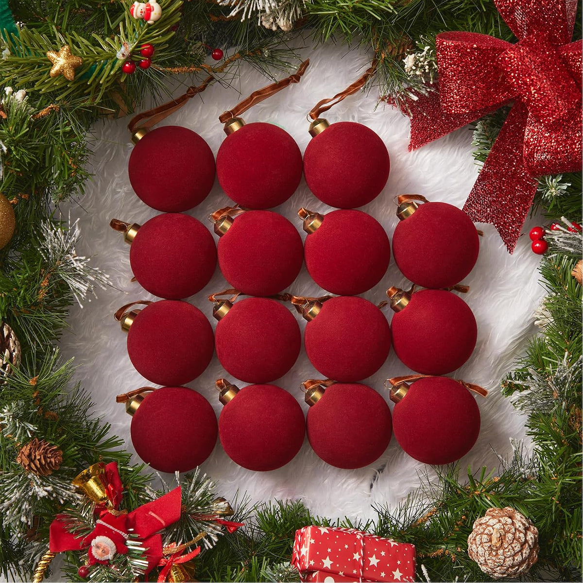 Brightown 15 Pcs Red Velvet Christmas Ornaments Balls Set, 3.15 Inch Balls