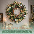 Hykolity 28 Inch Pre-Lit Botanical Christmas Wreath with 50 Warm White LEDs and Timer, Battery Operated Artificial PE & PVC Wreath with Ornaments, Pinecones and Layered Gold Leaves for Front Door