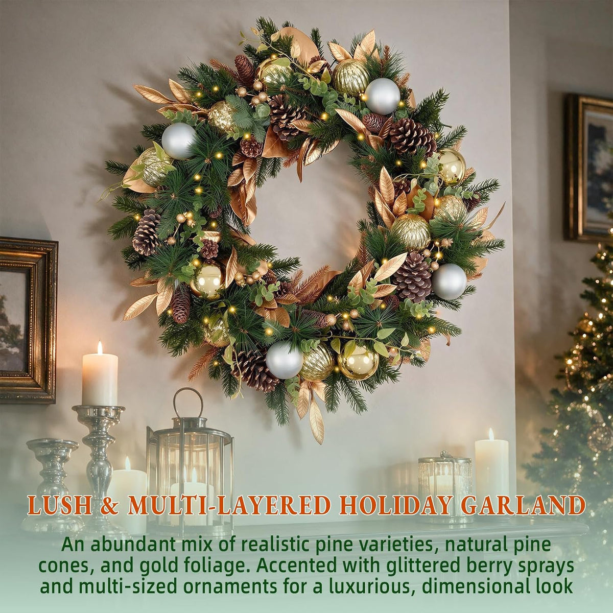 Hykolity 28 Inch Pre-Lit Botanical Christmas Wreath with 50 Warm White LEDs and Timer, Battery Operated Artificial PE & PVC Wreath with Ornaments, Pinecones and Layered Gold Leaves for Front Door
