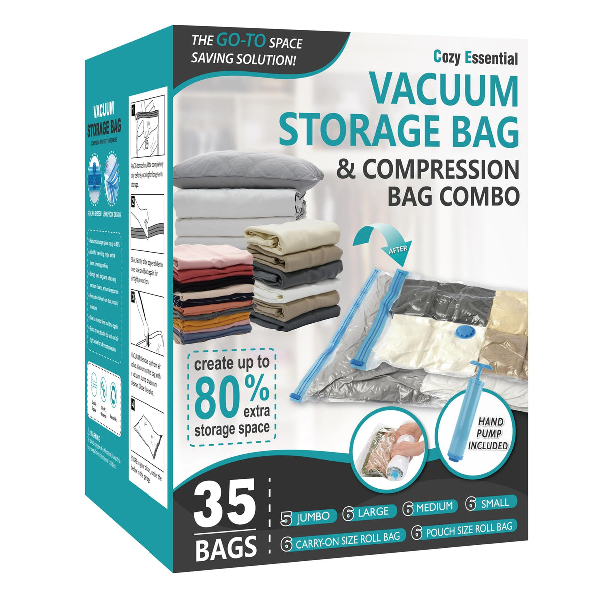 Cozy Essential Vacuum Storage Bags, 80% Compression Vacuum Seal Space Saver Plastic Packaging Bags for Clothes, Blankets, Pillow, Bedding, Comforters, Sealer Clothing Storage,20 Combo