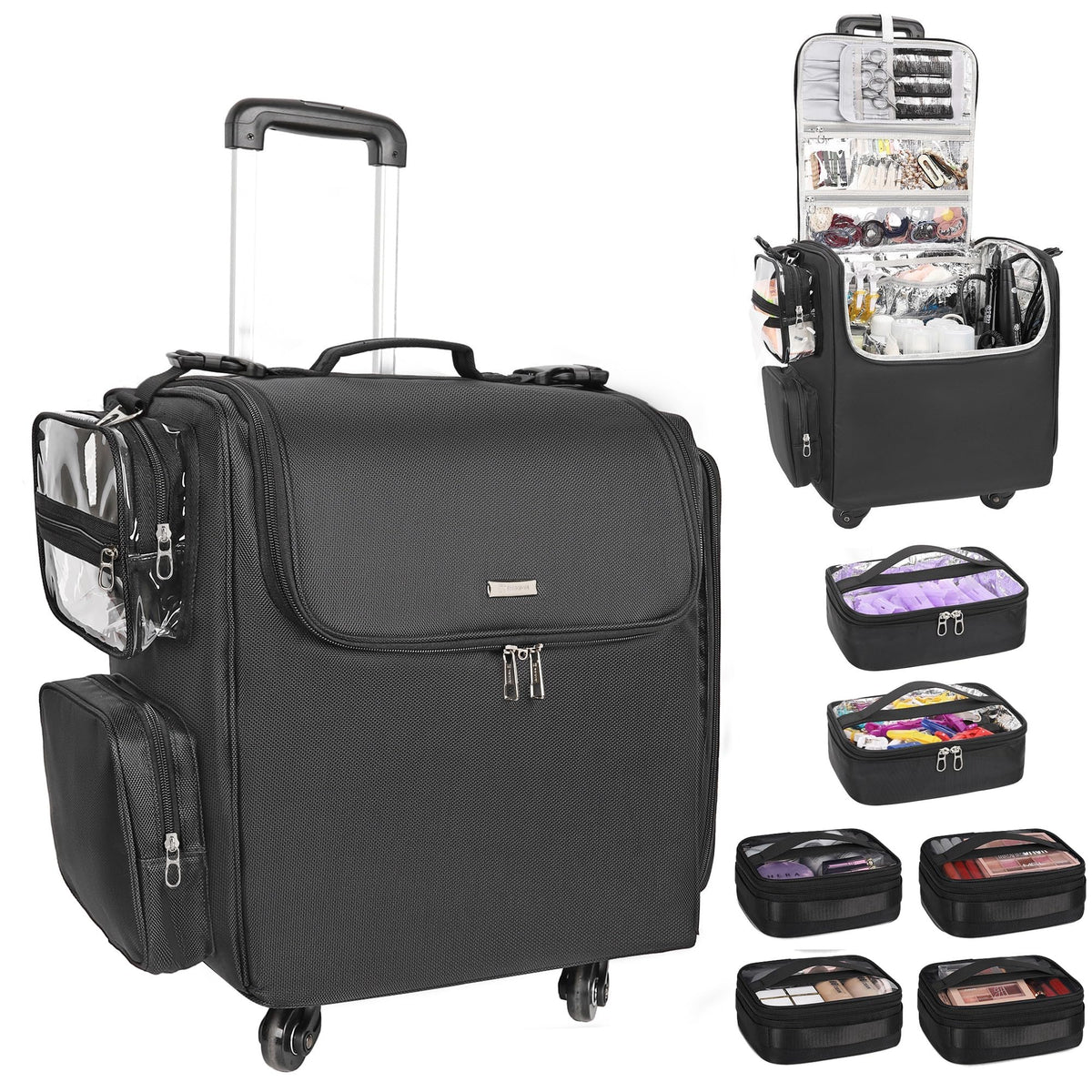 Relavel Rolling Makeup Train Case, Hairstylist Traveling Bag with 4 Wheels, Heat Insulation Full Layer, Adjustable Dividers, Hair Tools and Cosmetics Storage Organizer Trolley Suitcase Makeup Cart