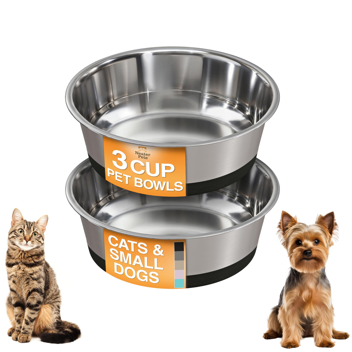 Neater Pet Brands Stainless Steel Dog Bowls with Non-Slip Rubber Bottom – Set of 2, 6 Cup (48 oz), Black - Heavy Duty Metal Dog Bowl, Dishwasher Safe, Food or Water Bowl, Ideal for Large Dogs
