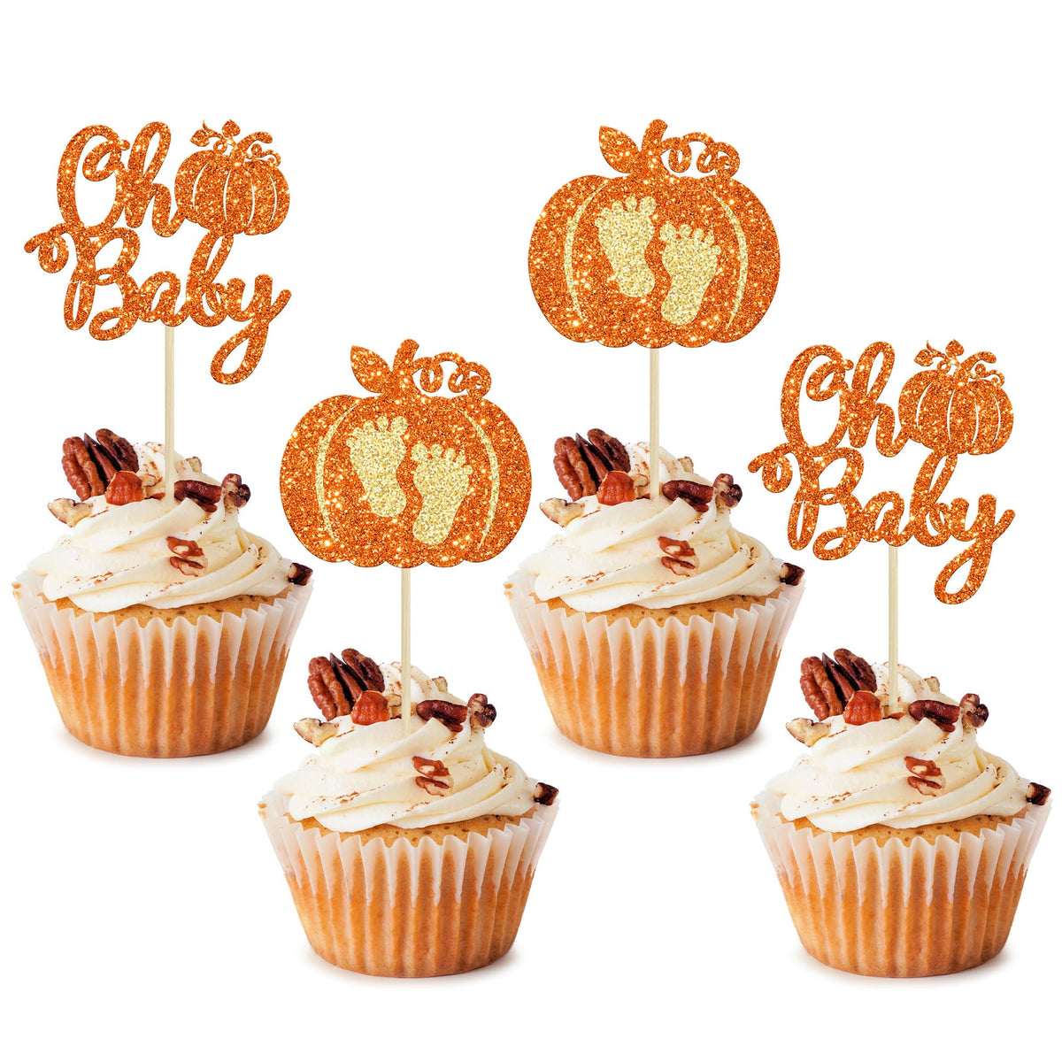 24pc Little Pumpkin Cupcake Toppers - Glitter Pumpkin Cupcake Picks - Baby Shower Decorations - Fall Harvest Theme - Kids Birthday Party Supplies