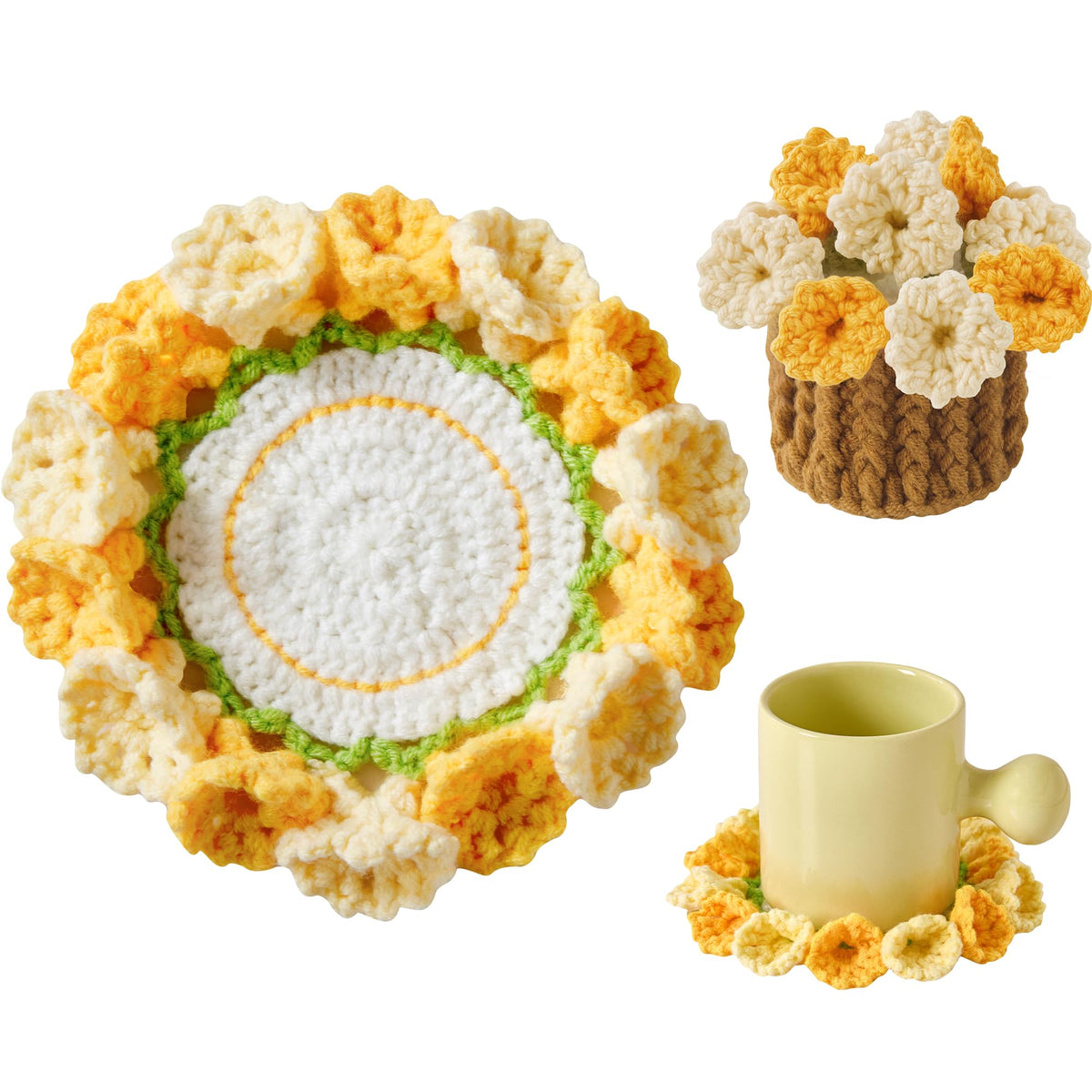 Crochet Flower Coasters, Handmade Bouquet Coasters with Crochet Plant Pot (Sunflower Yellow, 1Pc)