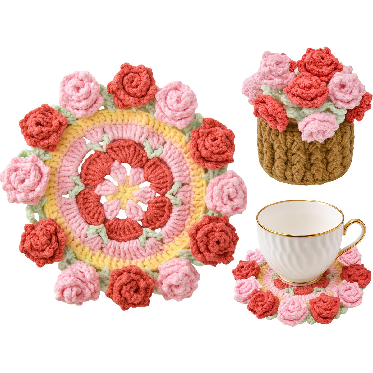 Crochet Flower Coasters, Handmade Bouquet Coasters with Crochet Plant Pot (Sunflower Yellow, 1Pc)
