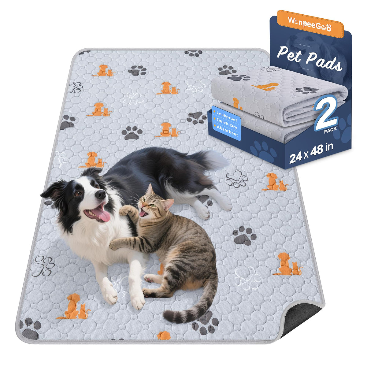 WanpeeGoo Washable Pee Pads for Dogs, Waterproof, 18 x 24 in, 4 Pack, Gray | Super Absorbent, Waterproof and Non-Slip; Washable, Reusable Dog Pads for Crates, Playpens, Floors, Furniture and Travel