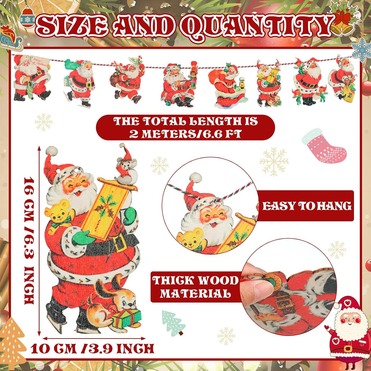 Cinnvoice 6.56 ft Vintage Christmas Banner Santa Hanging Garland Wooden