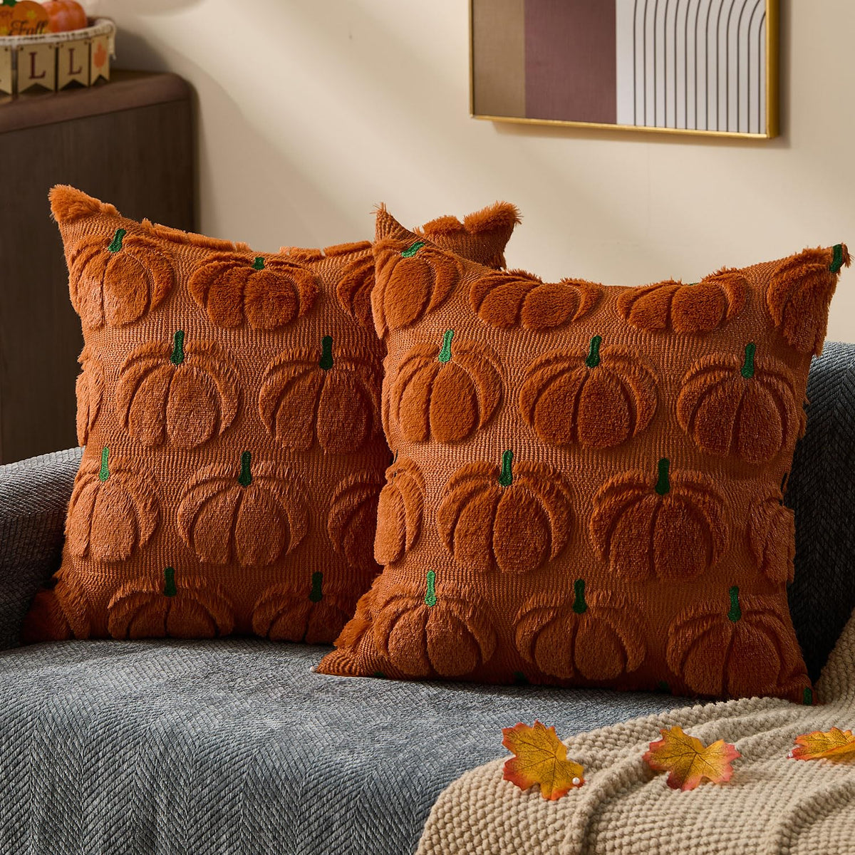 DFXSZ Fall Pillow Covers 18x18 2Pcs Rust Pumpkin Fall Decorations for Home | Fall decor Set of 2 Throw Pillow Cases Soft Plush Faux Fur Wool Couch Cushion for Chair Sofa Bedroom Living Room Home Decor
