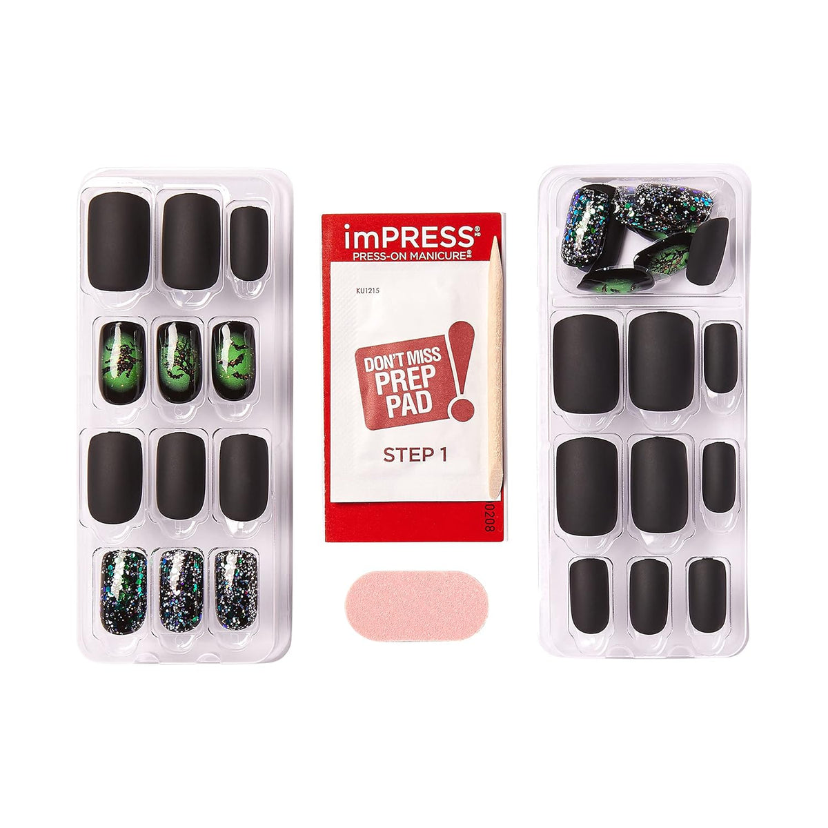 KISS imPRESS Limited Edition Halloween Press-On Nails, Glow-In-The-Dark, PureFit Technology, 'Witchful Thinking’, with Prep Pad, Mini File, Cuticle Stick, & 30 Fake Nails