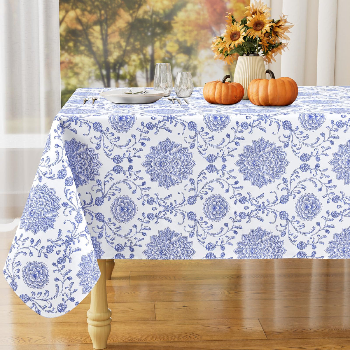 Rectangle Waterproof Vinyl Table Cloth, Wipeable Tablecloth with Flannel Backing, Plastic Table Cover for Fall, Thanksgiving (Pumpkin, 52" x 70")