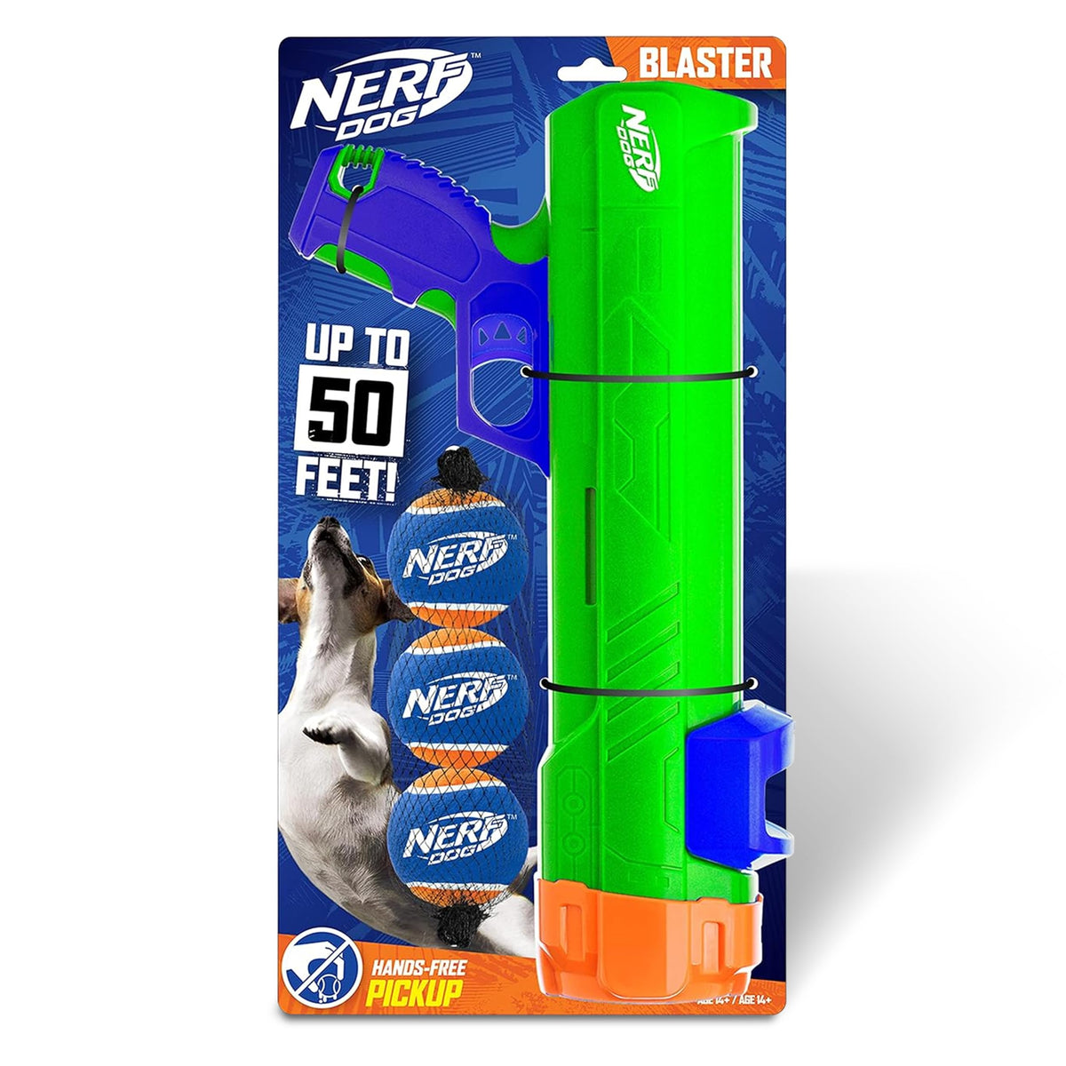Nerf Dog Tennis Ball Blaster Dog Toy Blue/Orange, 16 Inch Compact Blaster with 1 Ball