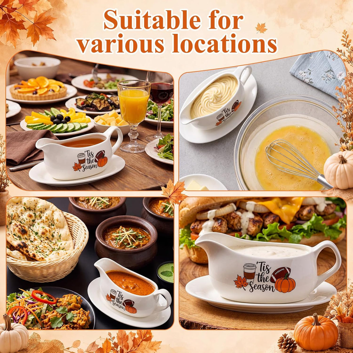 2 Pcs 17oz Thanksgiving Gravy Boat with Saucer Set, Ceramic