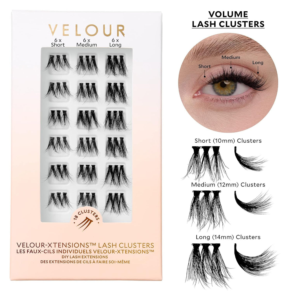 Velour-Xtensions™ Lash Clusters, 18 Individual Cluster Eyelash Extensions, Lightweight & Fluffy Lash Extensions, Soft & Comfortable Eyelash Clusters, Natural Lashes All Eye Shapes (Volume)