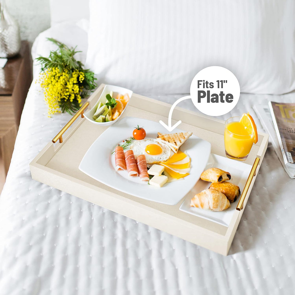 ATZYmolin 17"x12" Leather Serving Tray, Gold Handle Vanity Platter, Beige