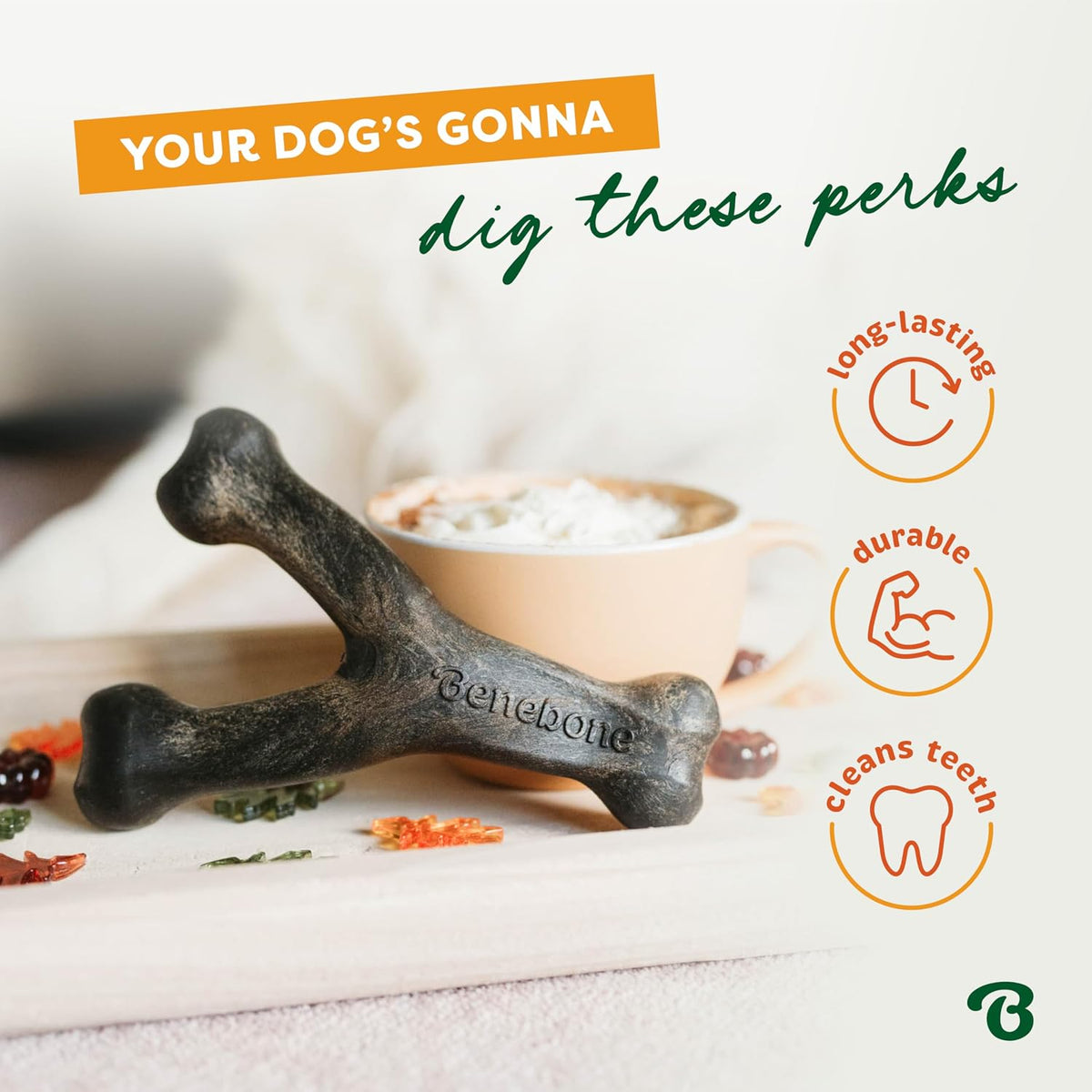 Benebone Wishbone Chew Toy for Aggressive Chewers, Pumpkin Spice, Small