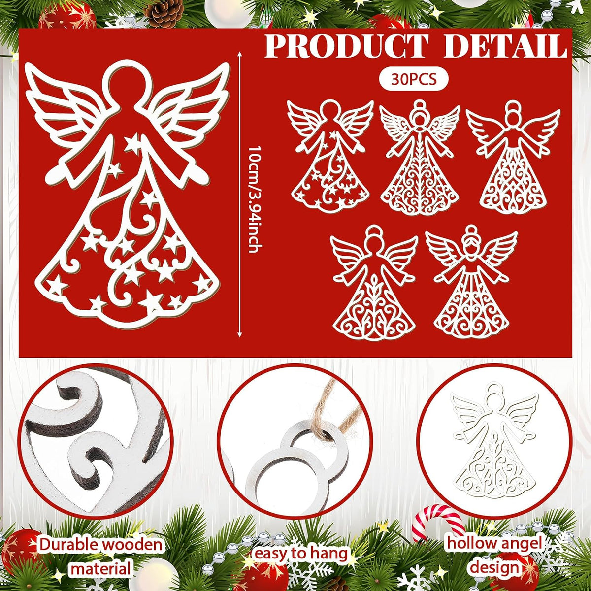 Syhood 30 Pcs Angel Christmas Ornaments Wooden Christmas Tree Decor