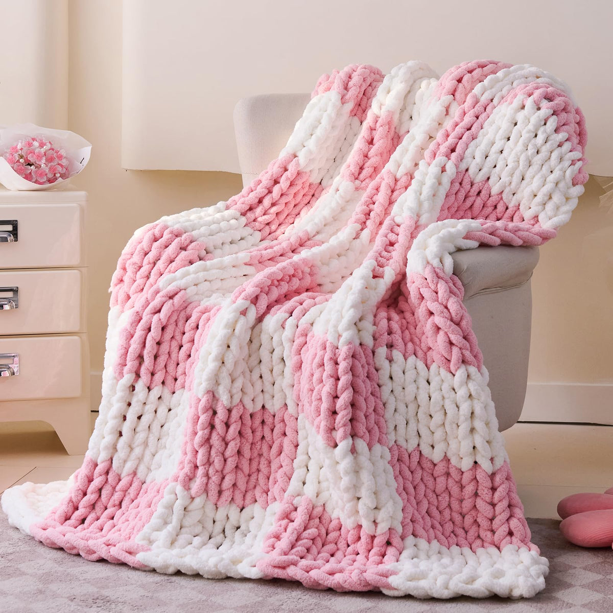 Chunky Knit Blanket Throw for Couch, 51"x63" Chunky Yarn Knitted Blankets | 100% Hand Knit Thick Chenille, Soft Breathable for Bed, Sofa, Home Decor, Cozy Gifts for Women Friends, Sage Green