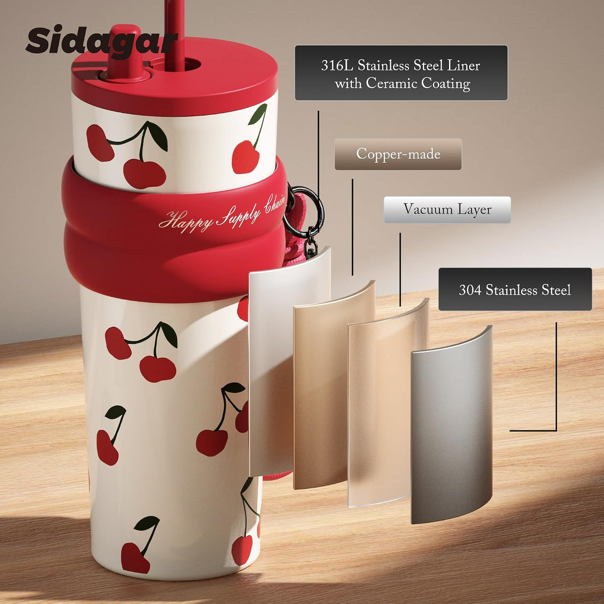 SDGA+ 24 oz Stainless Steel Tumbler with Lid and Straw, Insulated Water Bottle Leak Proof for Hot and Cold, Portable Travel Coffee Mug, Reusable Coffee Cup for Women, Cherry
