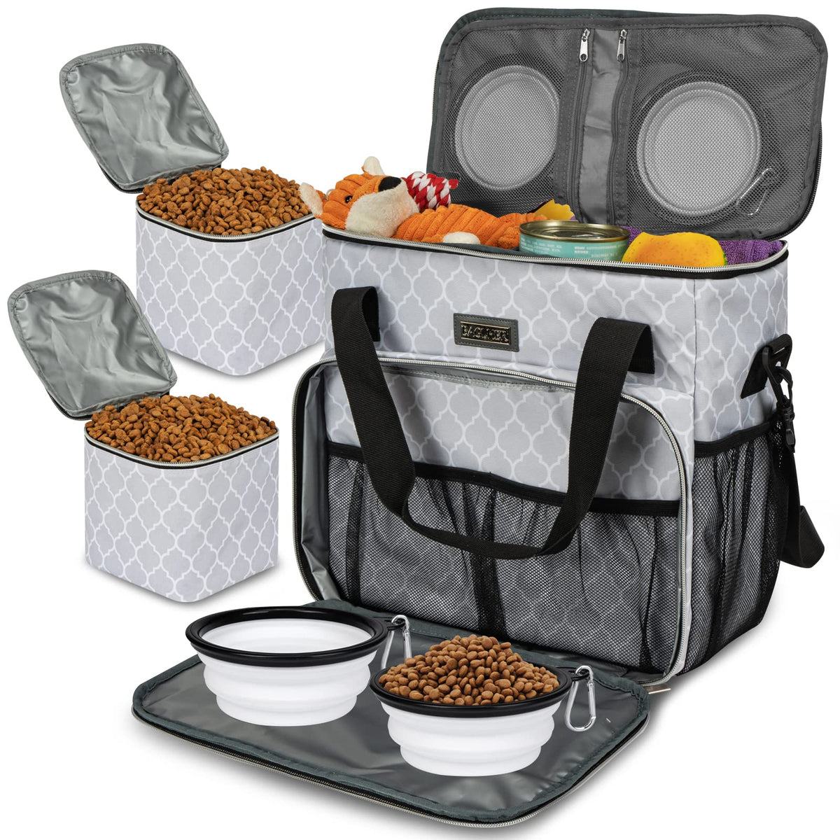 BAGLHER Pet Travel Set Airline-Approved Carrier for Small/Medium Cats & Dogs + Travel Bag with Food Containers & Silicone Bowls, Grey & Green