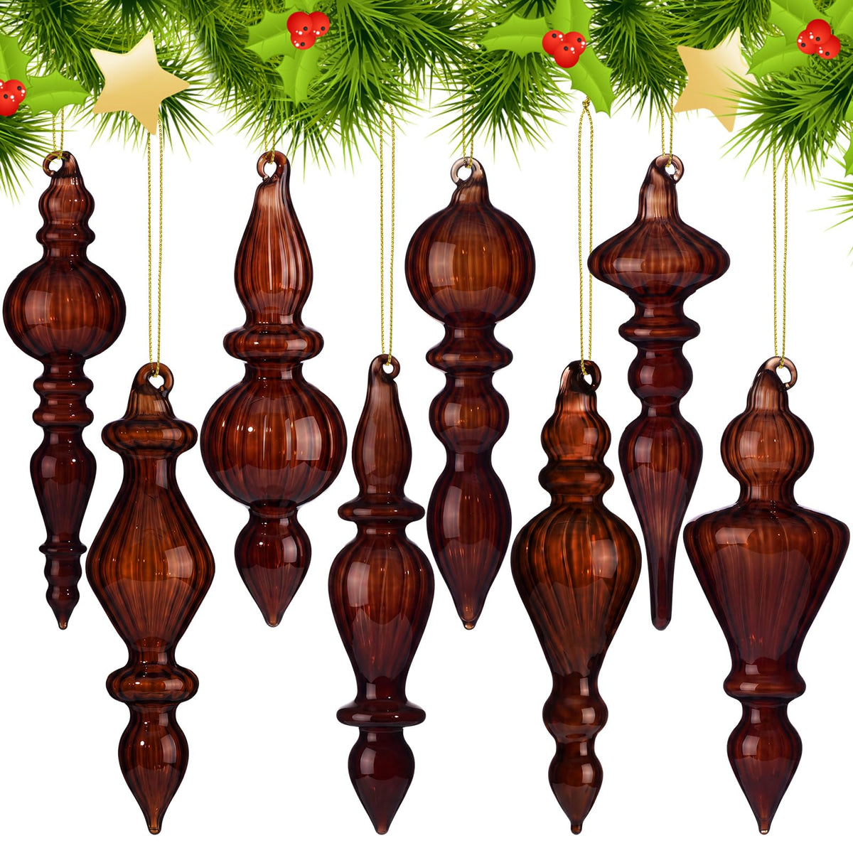 Mifoci 8 Pcs 6 Inch Mercury Glass Finial Christmas Ornaments,Red