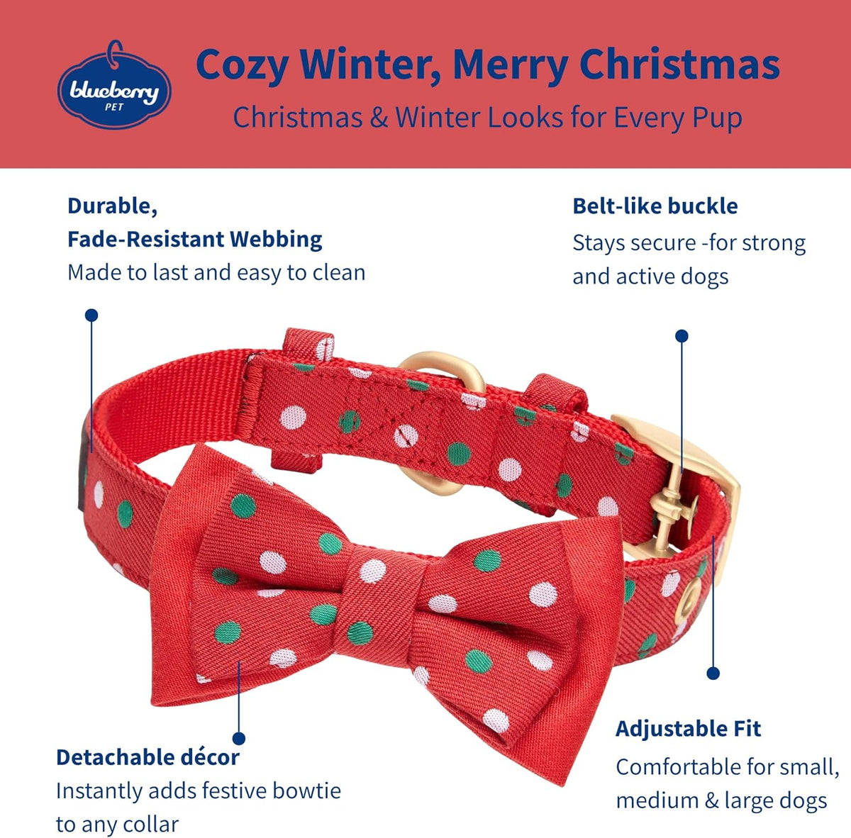 Blueberry Pet Luxurious Christmas Festival Polka Dot Adjustable Dog Collar with Detachable Bowtie, Neck 13-16.5", for Medium Breed