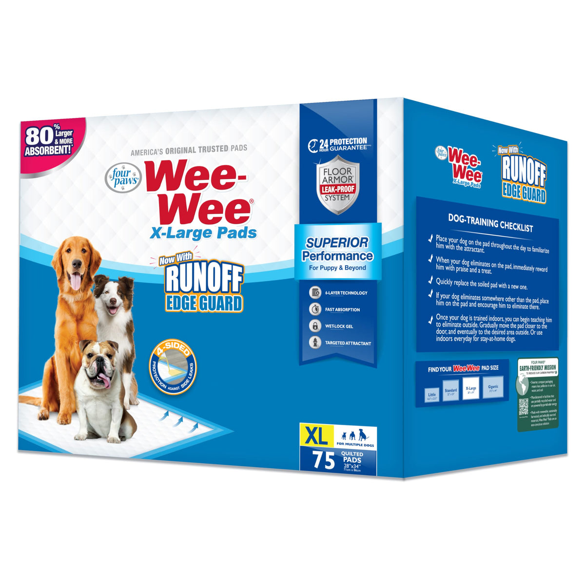 Four Paws Wee-Wee Superior Performance Unscented Extra-Large Pee Pads for Dogs & Puppies, Quilted Leak-Proof Dog Housebreaking Potty Training Floor Protection, 28" x 34", 40 Count