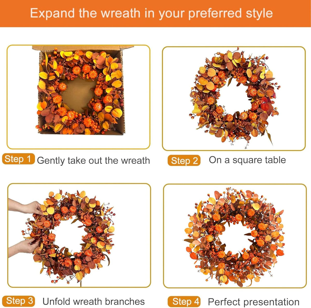 Fall Wreath 22 Inch Fall Wreaths for Front Door Autumn Pumpkin Wreaths with Orange Eucalyptus Leaves and Berries for Indoor Outdoor Thanksgiving Harvest Festival Celebrations