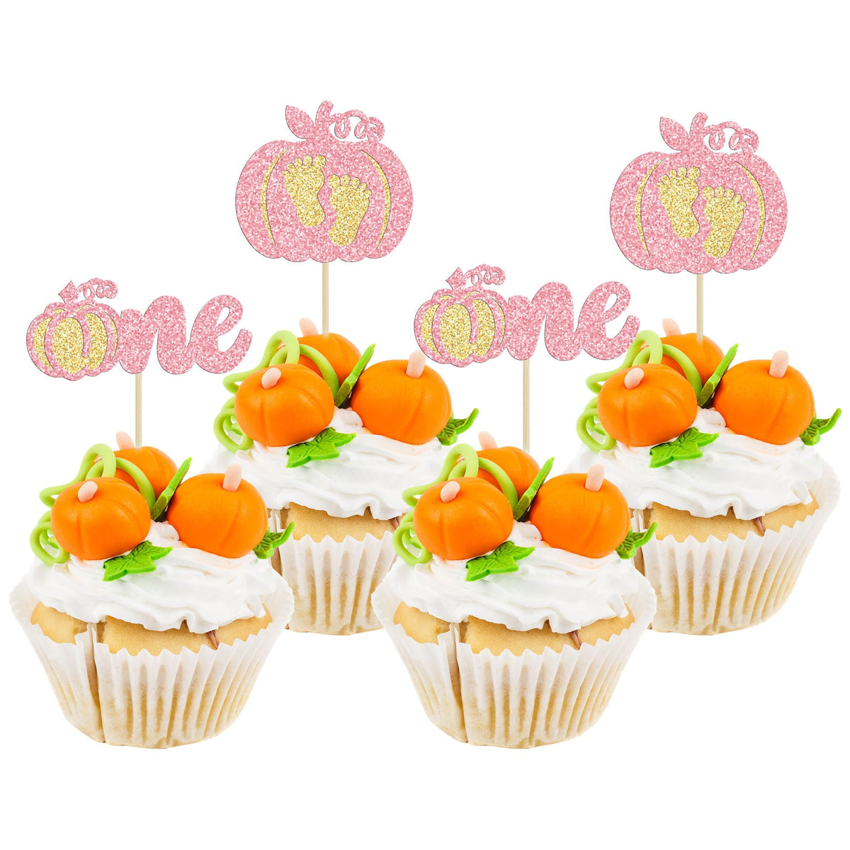 24pc Little Pumpkin Cupcake Toppers - Glitter Pumpkin Cupcake Picks - Baby Shower Decorations - Fall Harvest Theme - Kids Birthday Party Supplies