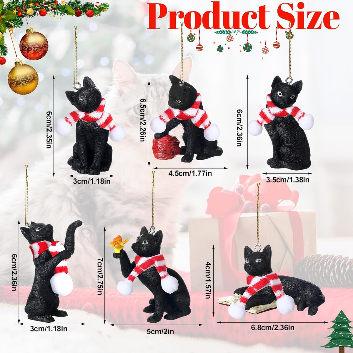 Equsion 6 Pcs Black Cat Christmas Ornament with Candy Cane Scarf Figurine