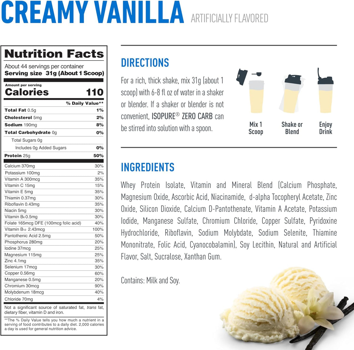 Isopure Zero Carb 100% Pure Whey Isolate Protein Powder, Gluten Free, with Vitamins, Creamy Vanilla, 25g Protein Per Serving, 3 Lbs, 44 Servings (Packaging May Vary)